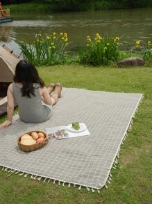 Bubaba 1pc Gray Plaid Print Picnic Blanket, Portable Folding Outdoor Camping Travel Beach Mat Suitable For Picnic, Camping, Hiking, Family Concerts
