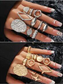 DareSee Set de 10 anillos de mujer para el verano con diseño ovalado de superficie áspera de lino, con forma de rombo y hueco, de material de aleación, diseño exagerado y de moda para festivales de música y regreso a clases