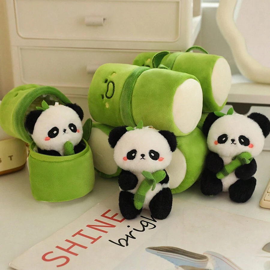 Cute Plush Panda In Bamboo Tube Toy Pendant, Panda Hugs Bamboo Doll Key Chain Bag Charm Decoration, Children's Birthday Gift - Green - View 1