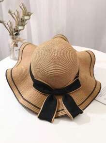 1pc Women's Beach Hat, Summer Sun Hat For Traveling And UV Protection, Outdoor Color Block Straw Cap For Sunshade Bow - Bow Tie - View 2
