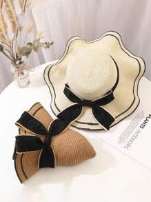 1pc Women's Beach Hat, Summer Sun Hat For Traveling And UV Protection, Outdoor Color Block Straw Cap For Sunshade Bow - Bow Tie - View 5