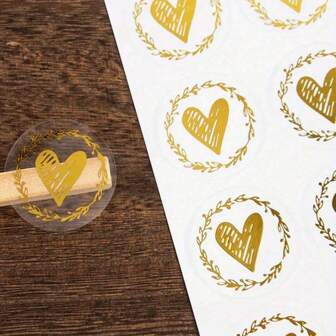 5pcs Gold Foil Transparent Seal Stickers Heart & Circle Shaped Stickers For Envelope And Gift Bag Decoration