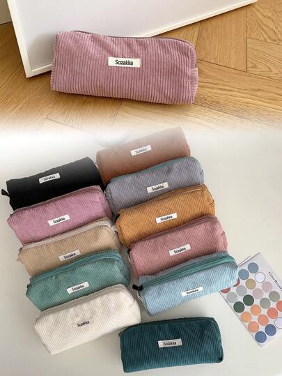 1个复古灯芯绒马卡龙纯色笔袋，艺术简约文具袋，高中学生收纳袋，化妆包，返校必备，感恩节、圣诞节、生日、万圣节创意礼物，返校装饰，铅笔盒，铅笔袋，书包