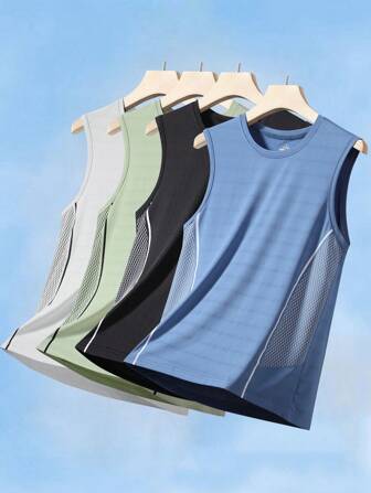 男士纯色印花圆领 T 恤，轻便休闲户外跑步骑行健身篮球运动背心