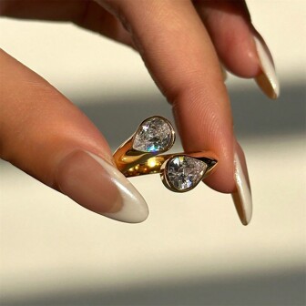 Aritio 1 pieza Anillo abierto de acero inoxidable chapado en oro de lujo de 18K con circonita en forma de gota de agua, adecuado para el uso diario y para bodas de mujeres, regalo