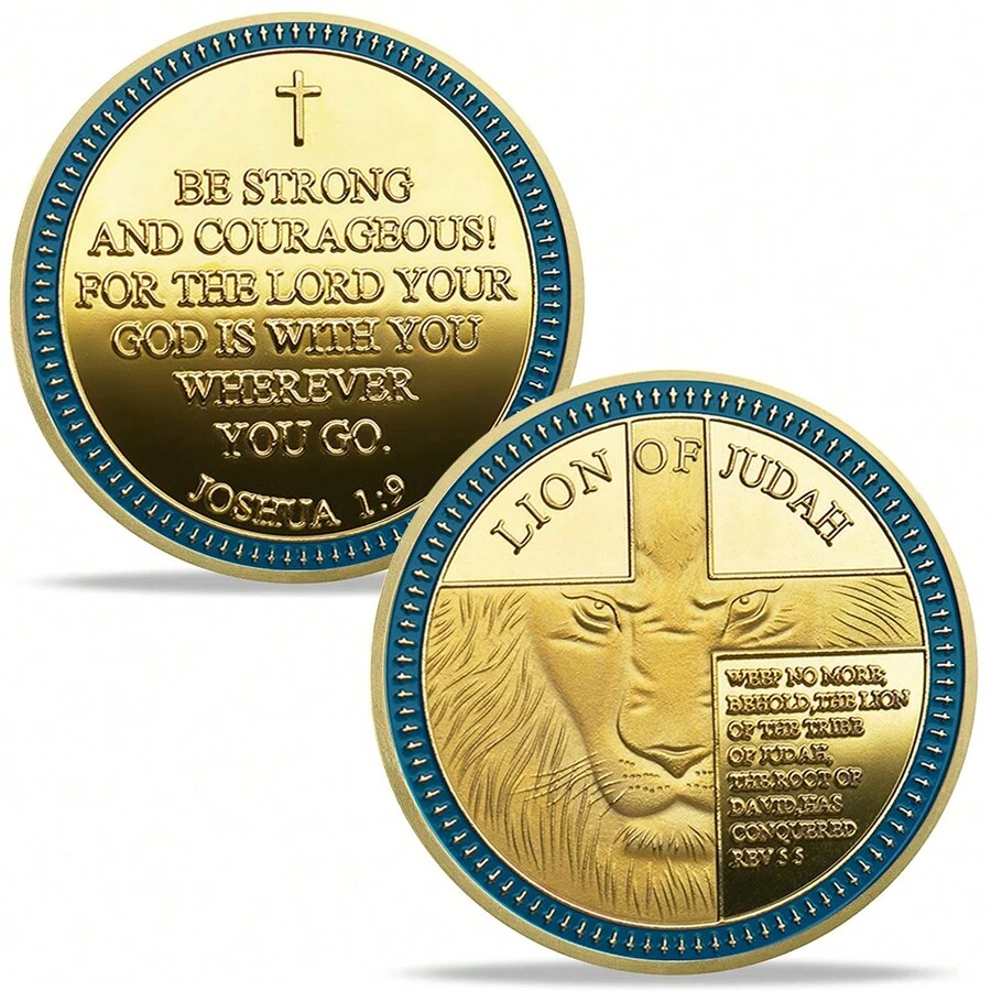 1pc Gold Plated Challenge Coin With Judah Lion, "Be Strong And Courageous" - Gold - View 1
