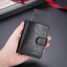 New Men's Plain Buckle Wallet, Multi-Functional Aluminum Box With Automatic Card Pop-Up & Card Holder, Large Capacity For Students And Youth - Black - View 2