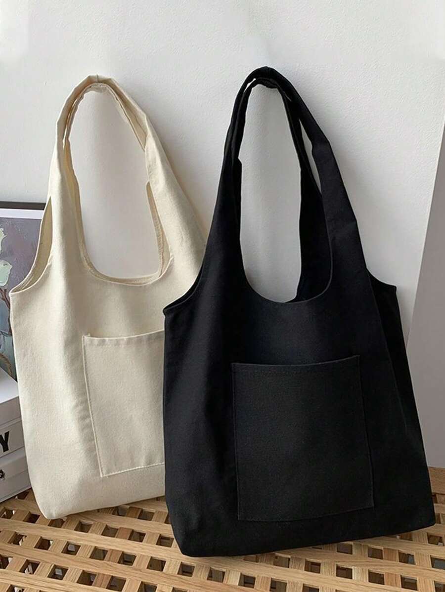 1件装新款韩版百搭手提帆布包大容量学生单肩包班级帆布包 - 純色雙口袋 - 查看 1