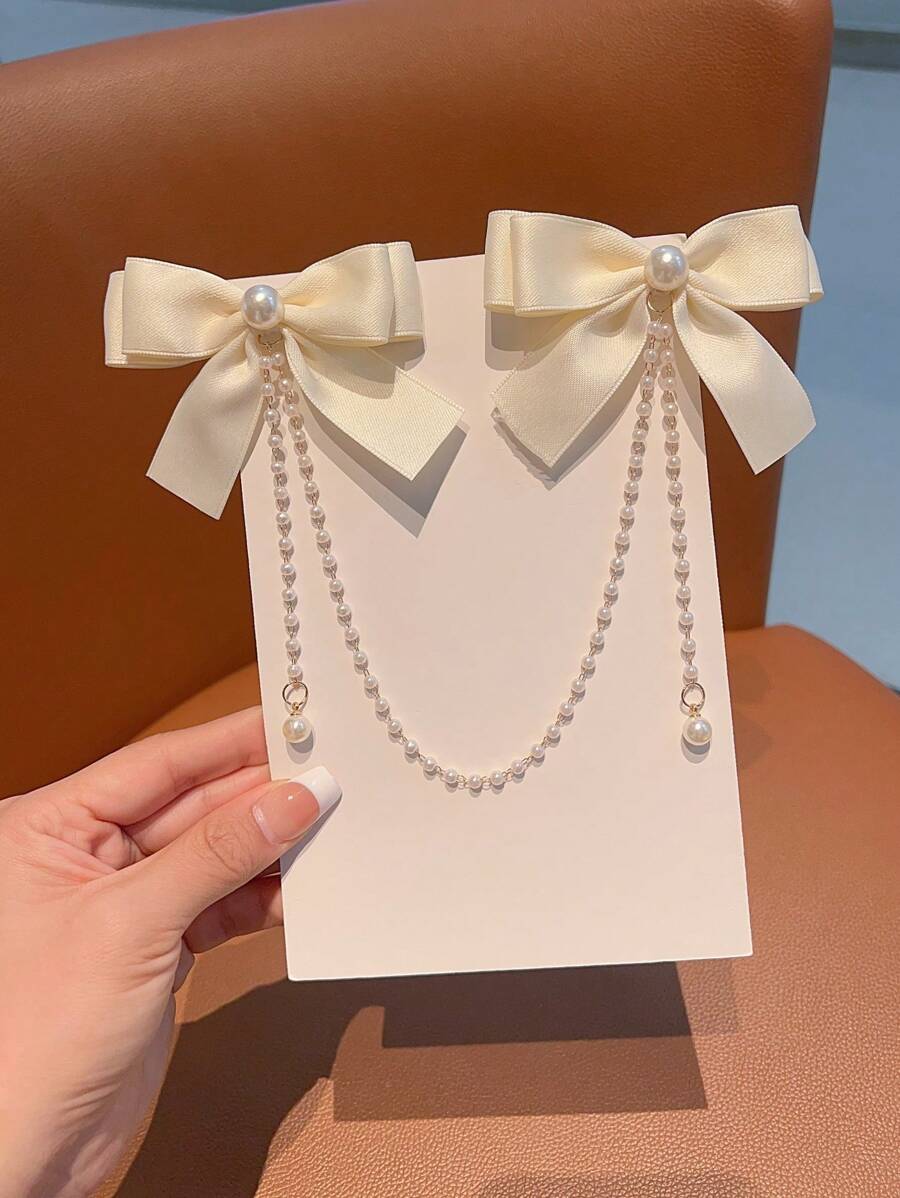 1pc Girls' Fashionable Sweet Pearl Bowknot & Tassel Hair Clip, Minor