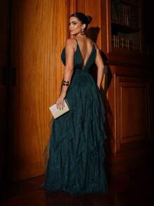 VESTIDO DE FESTA LONGO CASAMENTO TULE COM BRILHO SAIA CASCATA - Verde Escuro - Visão 2