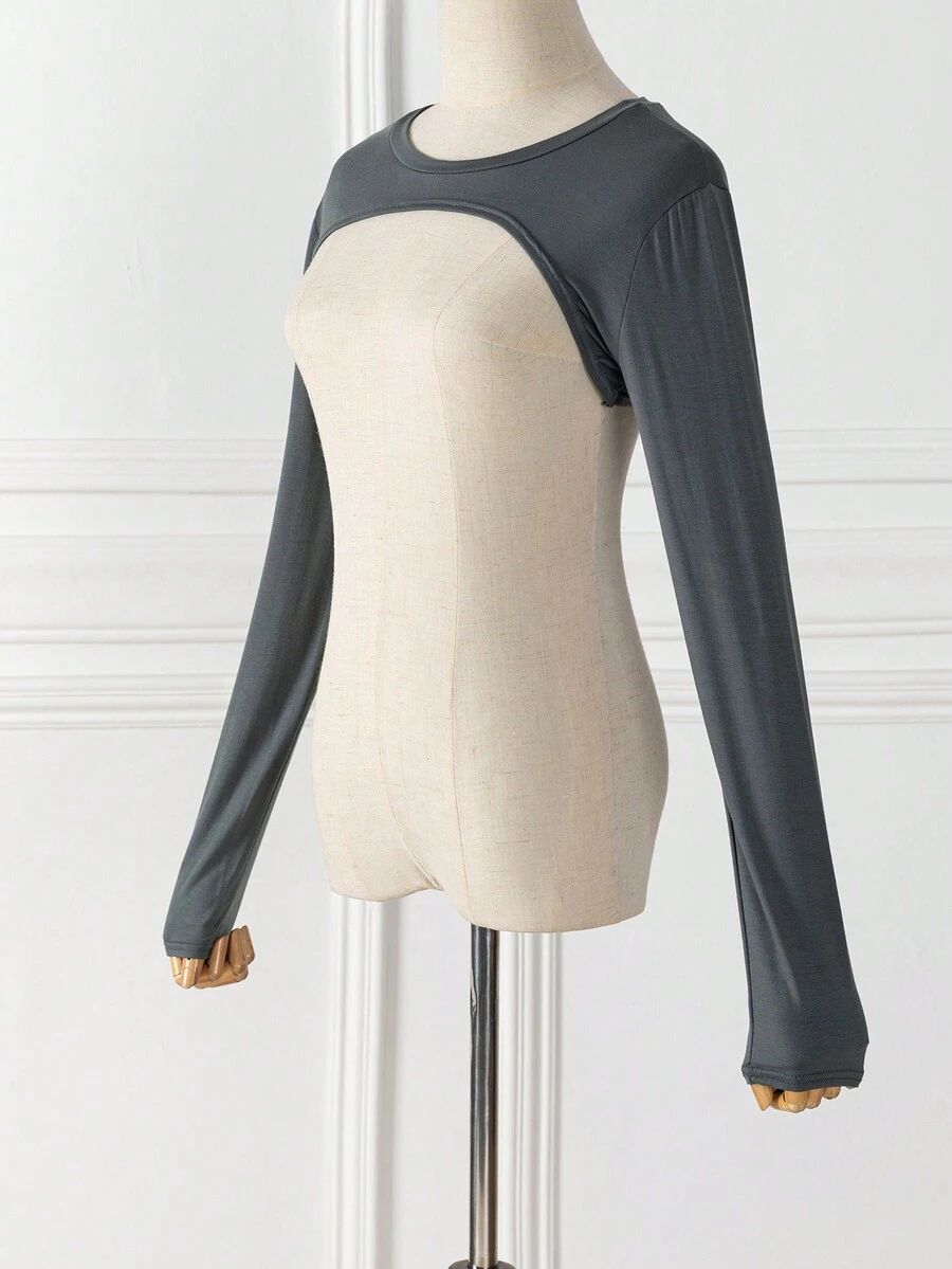 1pc Women's Modal Black Off-Shoulder Short Sleeve Shrug Cover Up, Comfortable & Versatile, Slim Fit, Sexy Shawl Faux Collar,School - Dark Gray - View 1