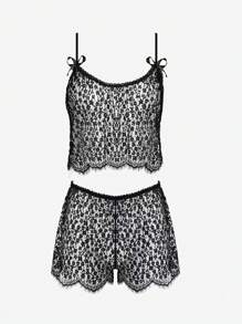 女性內衣套裝，可愛花朵蕾絲，少女風格，性感透視網眼和蕾絲，蝴蝶結裝飾，細肩帶，適用於家庭使用 - 黑色 - 查看 6