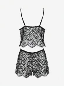 女性內衣套裝，可愛花朵蕾絲，少女風格，性感透視網眼和蕾絲，蝴蝶結裝飾，細肩帶，適用於家庭使用 - 黑色 - 查看 7