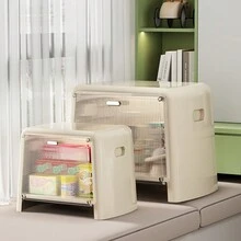 Multifunctional Plastic Storage Stool Can Sit Transparent Flip Lid Storage Stool Home Stackable Combination Of Storage Boxes Shoe Bench,Stackable Storage Bins Folding Storage Bins With Lid, Closet Organizers And Storage, Folding Storage Box With Doors Collapsible Storage Cabinet Bins - Beige - View 4