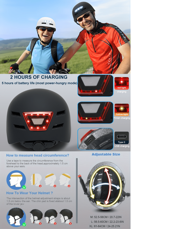 Bike Helmet With Light - USB Rechargeable Front And Rear LED Lights -Adults Men Women Urban Bicycle Helmets For Commuting Skateboard Scooter Cycling, Adjustable