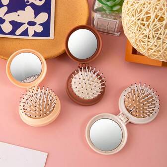 Foldable Mirror Cheese-Shape Portable Mirror Cartoon Cute Massage Comb Integrated Mini-Fold Airbag Comb