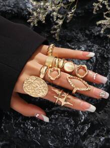 DareSee Set de 10 anillos de mujer para el verano con diseño ovalado de superficie áspera de lino, con forma de rombo y hueco, de material de aleación, diseño exagerado y de moda para festivales de música y regreso a clases