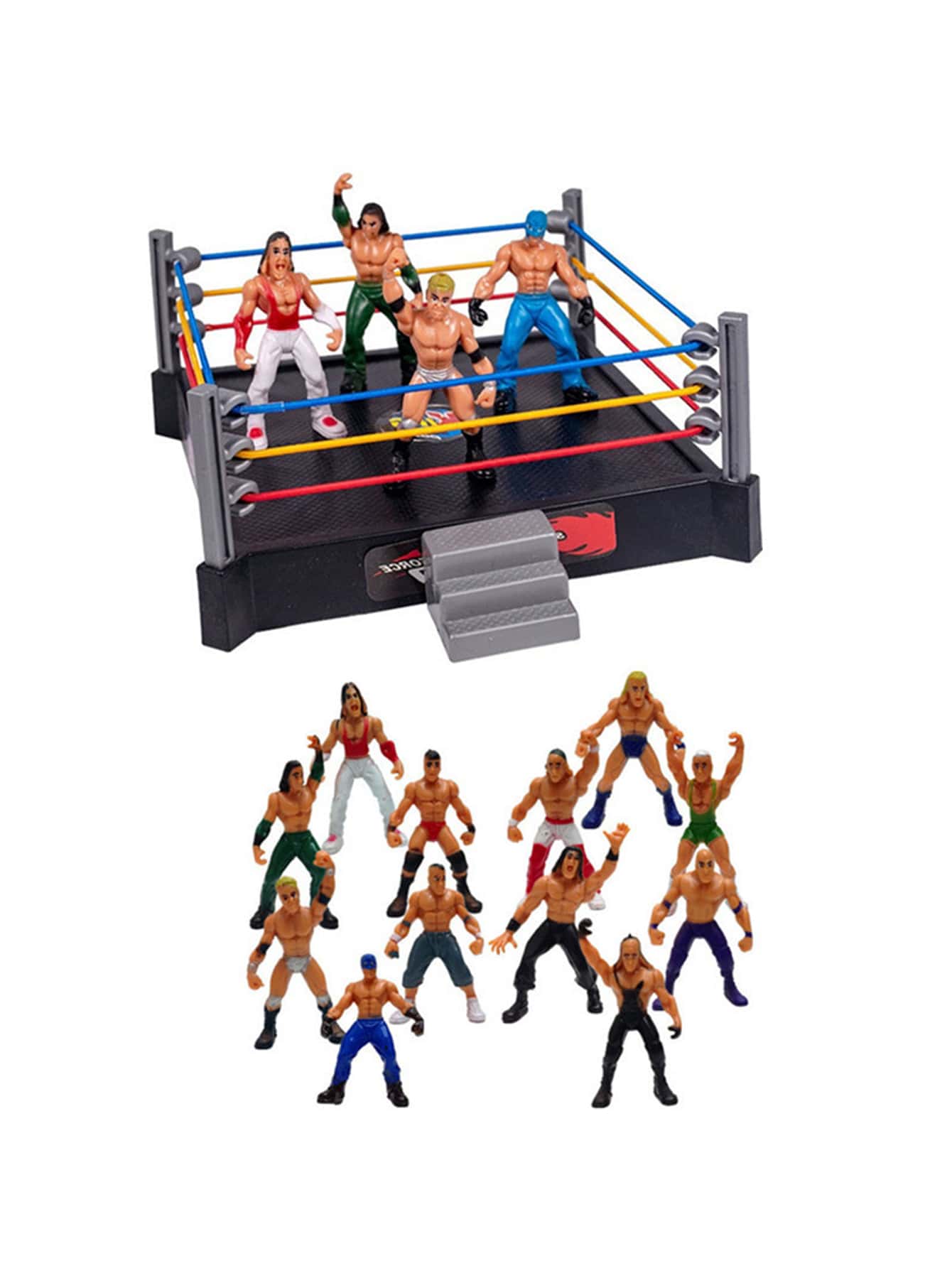 プロレスおもちゃ 技を持ったレスラー12体と4面リングのセット
