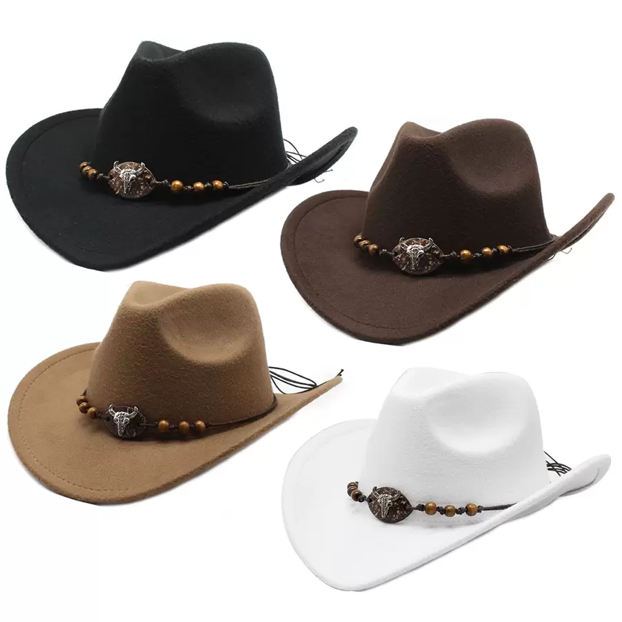 1頂西部牛仔帽，男女通用經典寬邊牛仔帽，帶有珠子牛頭圖案頭帶，適用於派對角色扮演，禮物選擇(帶有黑色硬帽架加固) - A - 查看 1
