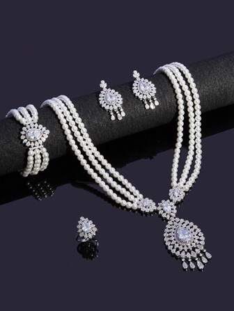 Luxury 4pcs/1set Glass Pearl Tassels Multilayer Design Jewelry Set In Platinum Plating For Ladies' Wedding Party Wear.