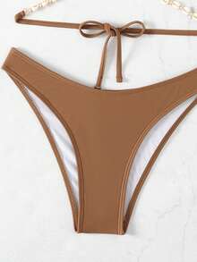 Premium Shell Decor Necklace With Solid Color Nylon Fabric Triangle Bikini Set - Coffee Brown - View 5