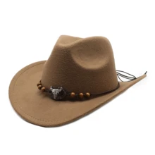 1頂西部牛仔帽，男女通用經典寬邊牛仔帽，帶有珠子牛頭圖案頭帶，適用於派對角色扮演，禮物選擇(帶有黑色硬帽架加固) - A - 查看 4