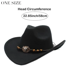 1頂西部牛仔帽，男女通用經典寬邊牛仔帽，帶有珠子牛頭圖案頭帶，適用於派對角色扮演，禮物選擇(帶有黑色硬帽架加固) - A - 查看 6
