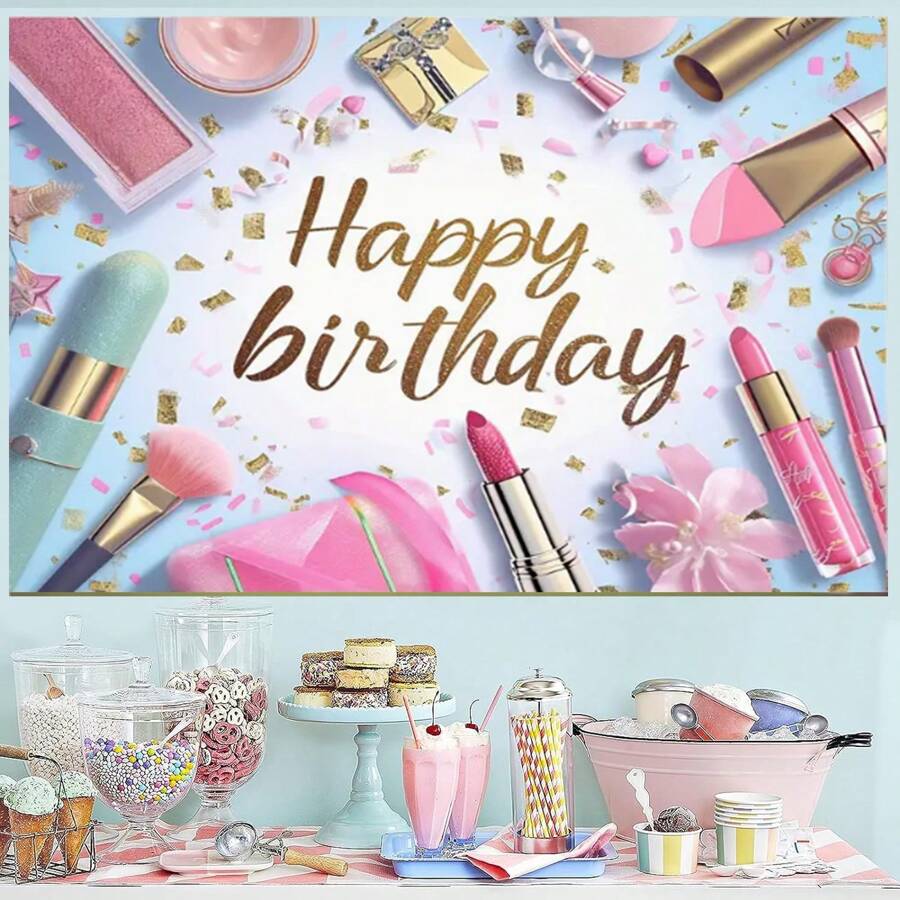 1入組化妝美容Happy Birthday背景幕布，210*150/150*100/100*75CM公主粉色魅力化妝美妝攝影背景甜美橫額派對裝飾攝影棚拍攝道具 - 彩色 - 查看 1