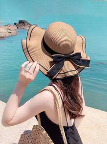 1pc Women's Beach Hat, Summer Sun Hat For Traveling And UV Protection, Outdoor Color Block Straw Cap For Sunshade Bow - Bow Tie - View 7