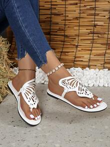 European And American Style Butterfly & Flower Patterned Flip Flops For Women, Simple And Versatile Beach Sandals - White - View 3