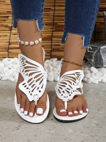 European And American Style Butterfly & Flower Patterned Flip Flops For Women, Simple And Versatile Beach Sandals - White - View 1