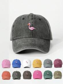 1入組中性刺繡火烈鳥洗水棉棒球帽，戶外調節式防曬帽，適用於春秋季旅行/海灘/假期，Y2K風格青年帽 - 刺繡 - 查看 1