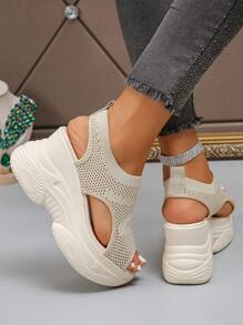 女士針織輕質中空楔型涼鞋 - 米色 - 查看 3