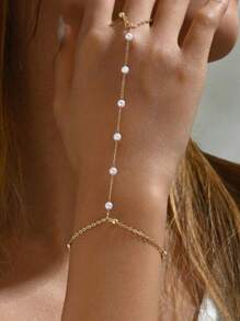 1 pièce Bague de chaîne pour femmes élément perle fausse et turquoise de style rétro simple et élégant, adaptée pour l'été