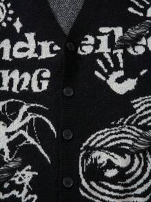 ANDREILEE 男士高级街头风开衫，做旧长袖纽扣休闲毛衣 - 黑色 - 查看 4