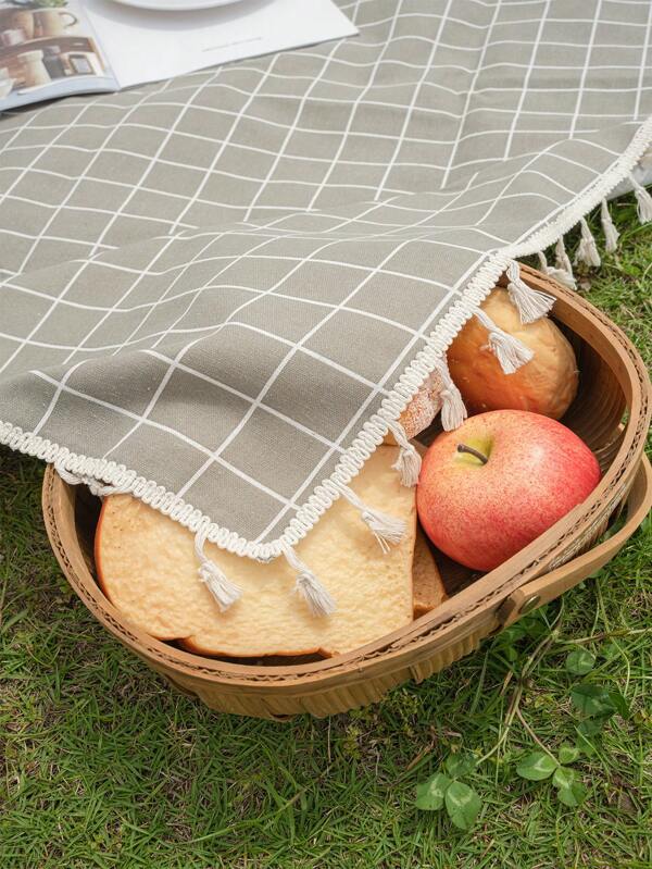 Bubaba 1pc Gray Plaid Print Picnic Blanket, Portable Folding Outdoor Camping Travel Beach Mat Suitable For Picnic, Camping, Hiking, Family Concerts