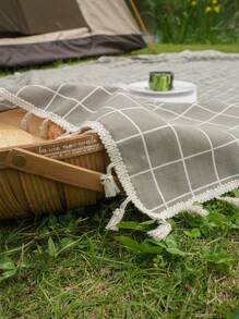 Bubaba 1pc Gray Plaid Print Picnic Blanket, Portable Folding Outdoor Camping Travel Beach Mat Suitable For Picnic, Camping, Hiking, Family Concerts