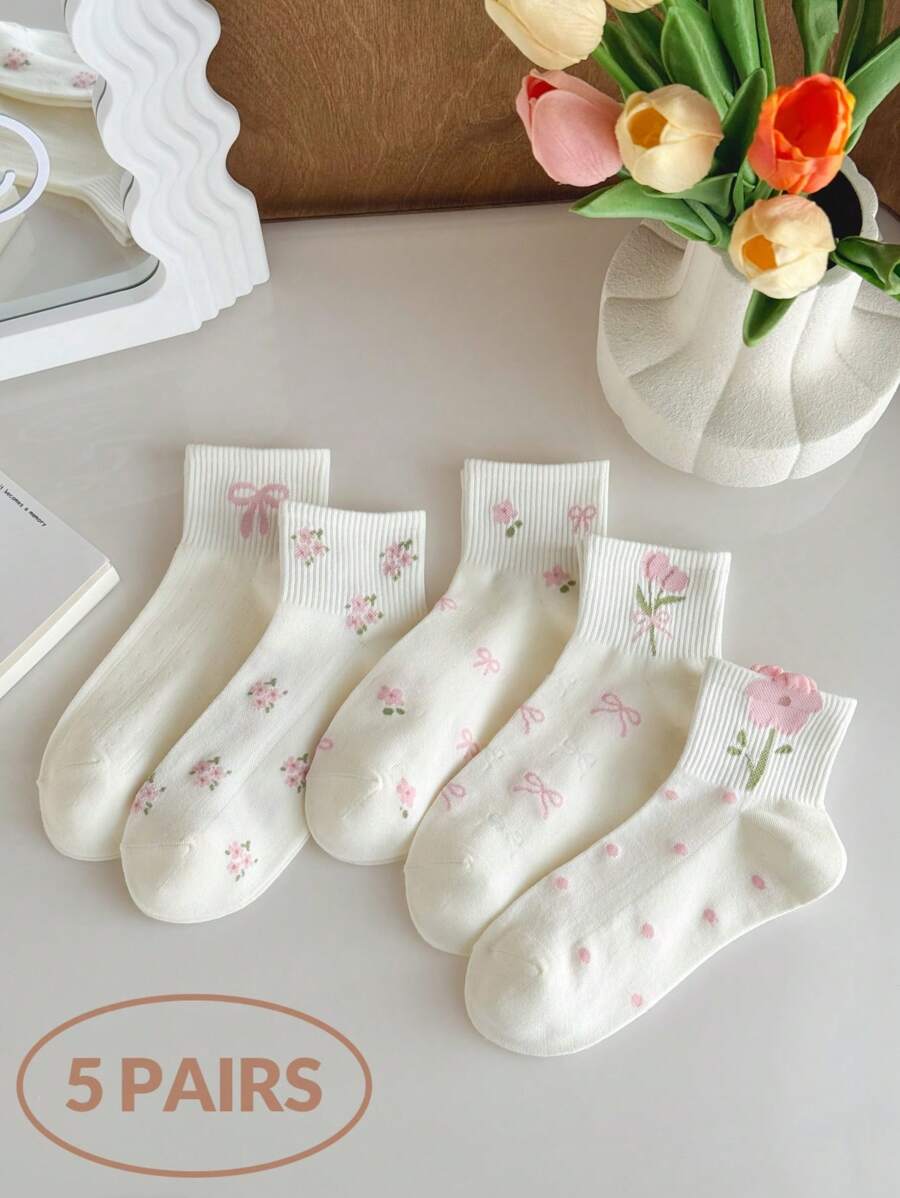 5 双女式花卉图案中筒袜，吸湿排汗，舒适透气，适合秋季日常穿着 - 彩色 - 查看 1