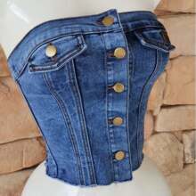 Top tipo tubo straple con resorte botones delanteros con dobladillo sin rematar de mezclilla sexy juvenil - Azul - Ver 2