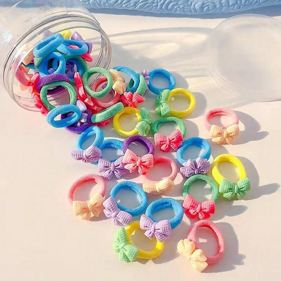 30pcs Bowknot Hair Ties For Girls And Teens, Cartoon Hair Towel Elastic