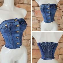 Top tipo tubo straple con resorte botones delanteros con dobladillo sin rematar de mezclilla sexy juvenil - Azul - Ver 1