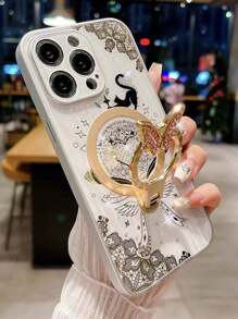 Night Cat Flash Drill Butterfly Magnetic Bracket Compatible With Apple Samsung 13/14/15 PRO/PROMAX/S22/S22PLUS/S23/PLUS/ULTRA/S24/Zfold4/5/Zflip3/4/5, Creative Fashion Full Protection Anti-Drop Phone Case Cover