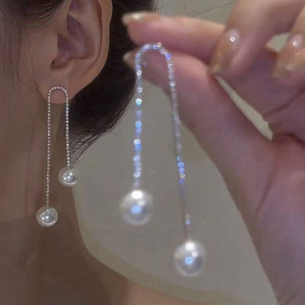 1 par de pendientes colgantes de diamantes y perlas de aleación brillante, pendientes con borlas largas, joyería de moda para mujeres, novias, bodas y fiestas