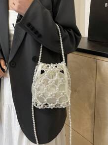 1入PC夏日必備的夏季手提包時尚手提包桶包實色PVC束口挎包、珍珠裝飾女士斜跨輕便便攜式肩袋，適用於大學生和節日/假期/夏天出遊的女人 - 白色 - 查看 3