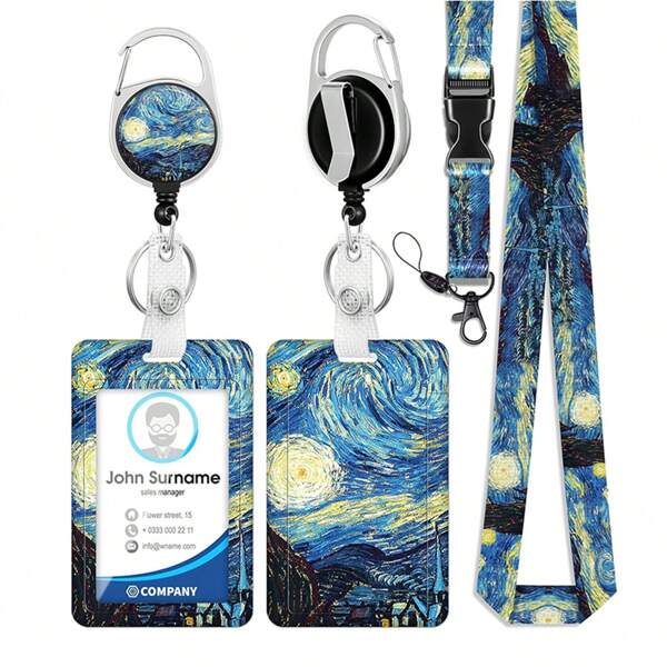 1 Set Retractable Badge Reel With Detachable Lanyard, For Nurses Teachers Office, Pink Marble ID Holder Keychain Vertical Card Protector, Name Tag Clip With Heavy Duty Badge Reel (Night Sky),School Supplies,Back To School