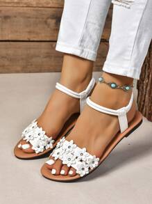 Plus Size Women Shoes Size 36-43 Wide Flat Sandals, Casual Vacation Strap Sandals, Summer Beach Boho Style - White - View 1