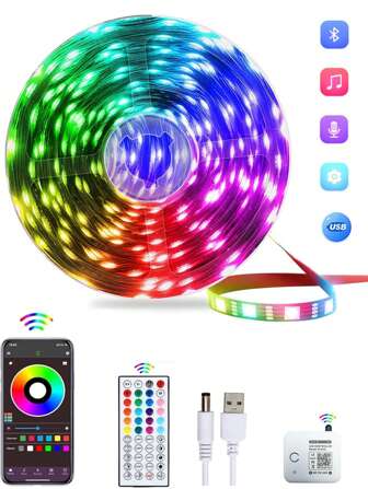 1 juego de tira de luz LED inteligente con música activada por voz, control remoto de 44 teclas, kit de luz Bluetooth colorido RGB, adecuado para decoración de interiores de bricolaje de dormitorios, salas de estar, fondos de televisión