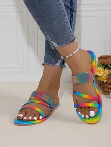 2024 New Arrival Women's Colorful Fashionable Sandals, Comfortable & Versatile, Rhinestone Decorated Anti-Slip Outdoor Flat Shoes For Summer