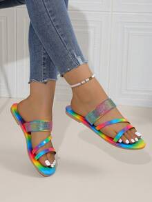 2024 New Arrival Women's Colorful Fashionable Sandals, Comfortable & Versatile, Rhinestone Decorated Anti-Slip Outdoor Flat Shoes For Summer