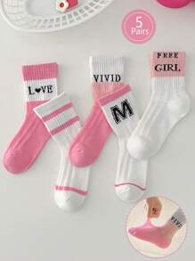 5 双女童字母条纹网眼中筒袜，适合学生日常穿着，可搭配休闲运动鞋、正装鞋，适合返校季 - 彩色 - 查看 1